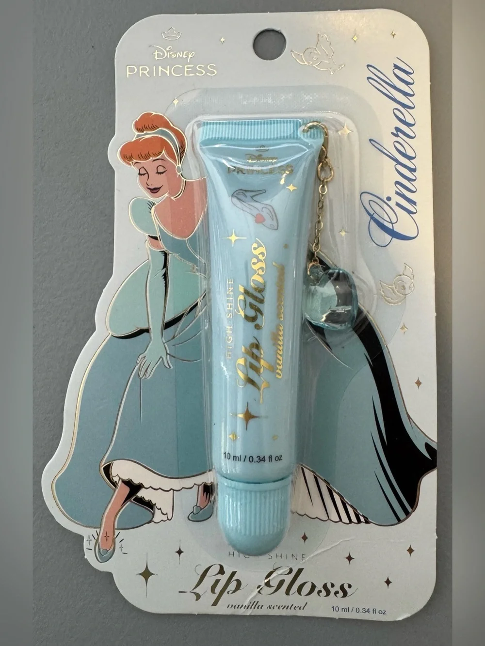 Disney princess Cinderella Light Blue Lip Gloss with heart Charm vanilla scented